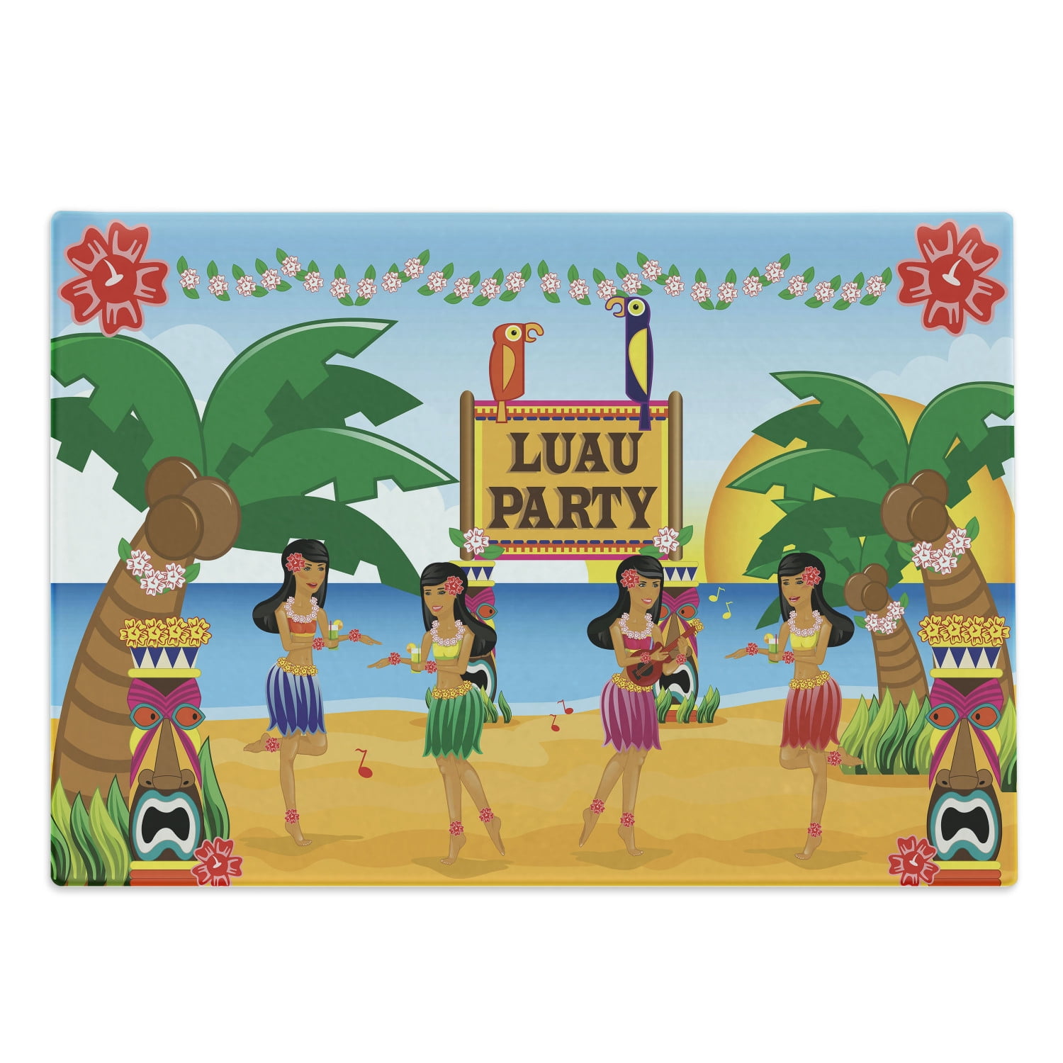 Tiki Bar Cutting Board, Hawaiian Luau Party in Funny Cartoon Style Dancers on Beach Tradition, Decorative Tempered Glass Cutting and Serving Board, Large Size, Multicolor, by Ambesonne Tiki Bar Cutting Board, Hawaiian Luau Party in Funny Cartoon Style Dancers on Beach Tradition, Decorative Tempered Glass Cutting and Serving Board, Large Size, Multicolor, by Ambesonne