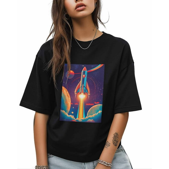T Shirts for Women Short Sleeve Cotton Crewneck T-Shirt, Rocket Universe Planet Sky Tee Tops Casual Basic T-Shirts, XS-5XL Black XL