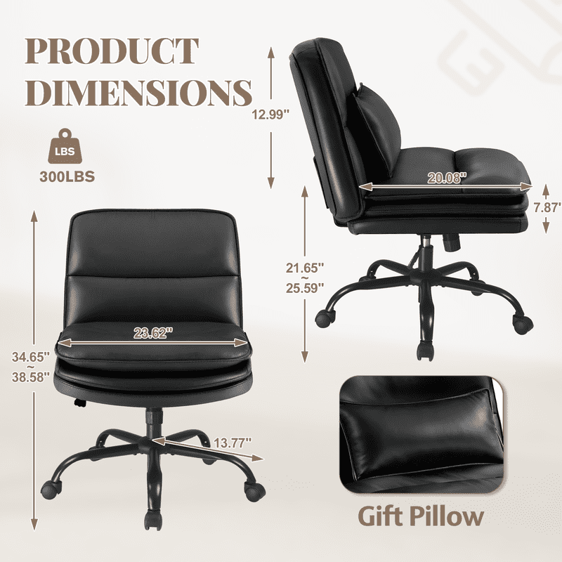 Homall Cross Legged Wide Seat Office Chair with Wheels, Office Armless Desk Chair, Modern Swivel Computer Task Chair Height Adjustable Vanity Chair,PU Leather,Black