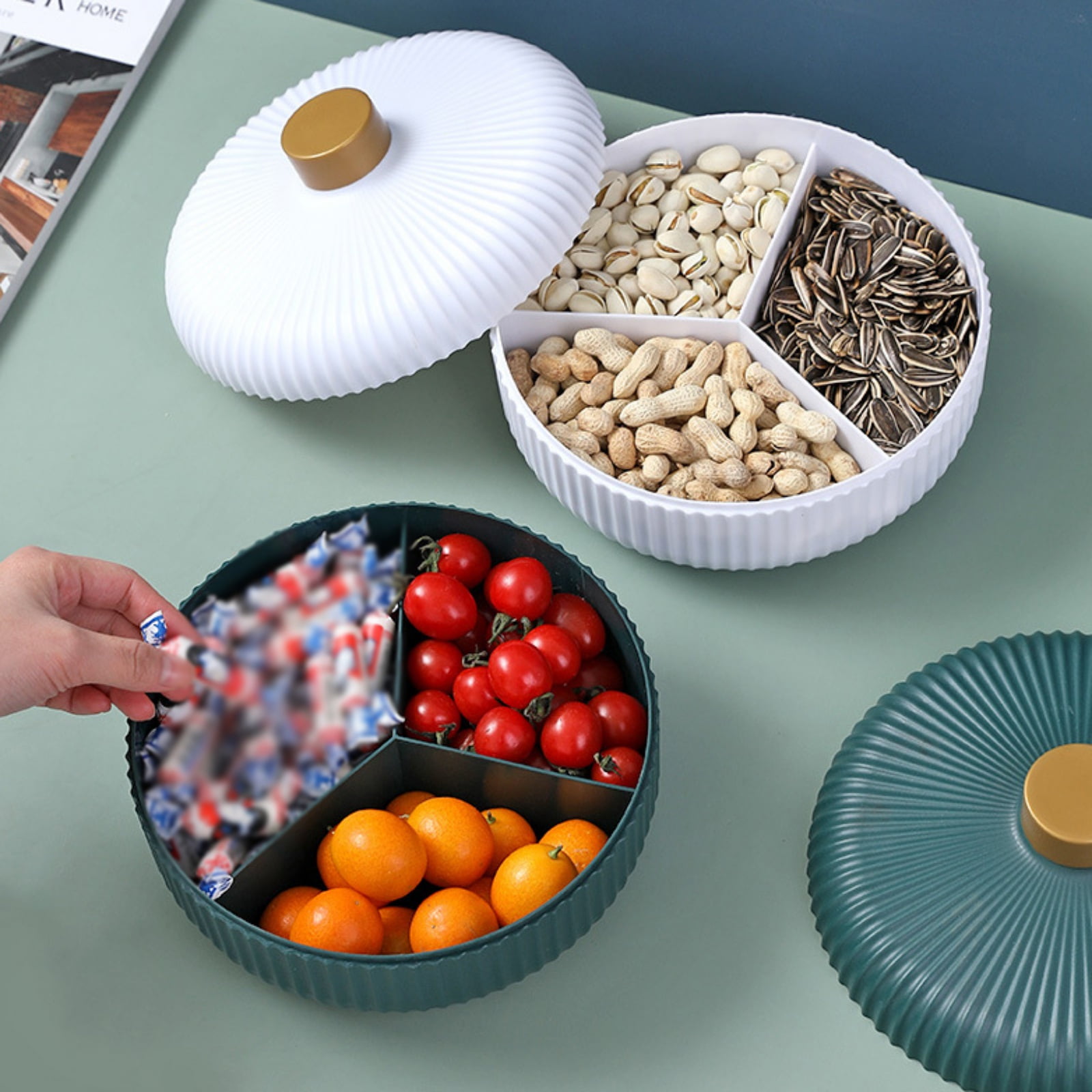 Round Divided Serving Tray with Lid 4/5 Individual Dishes Food