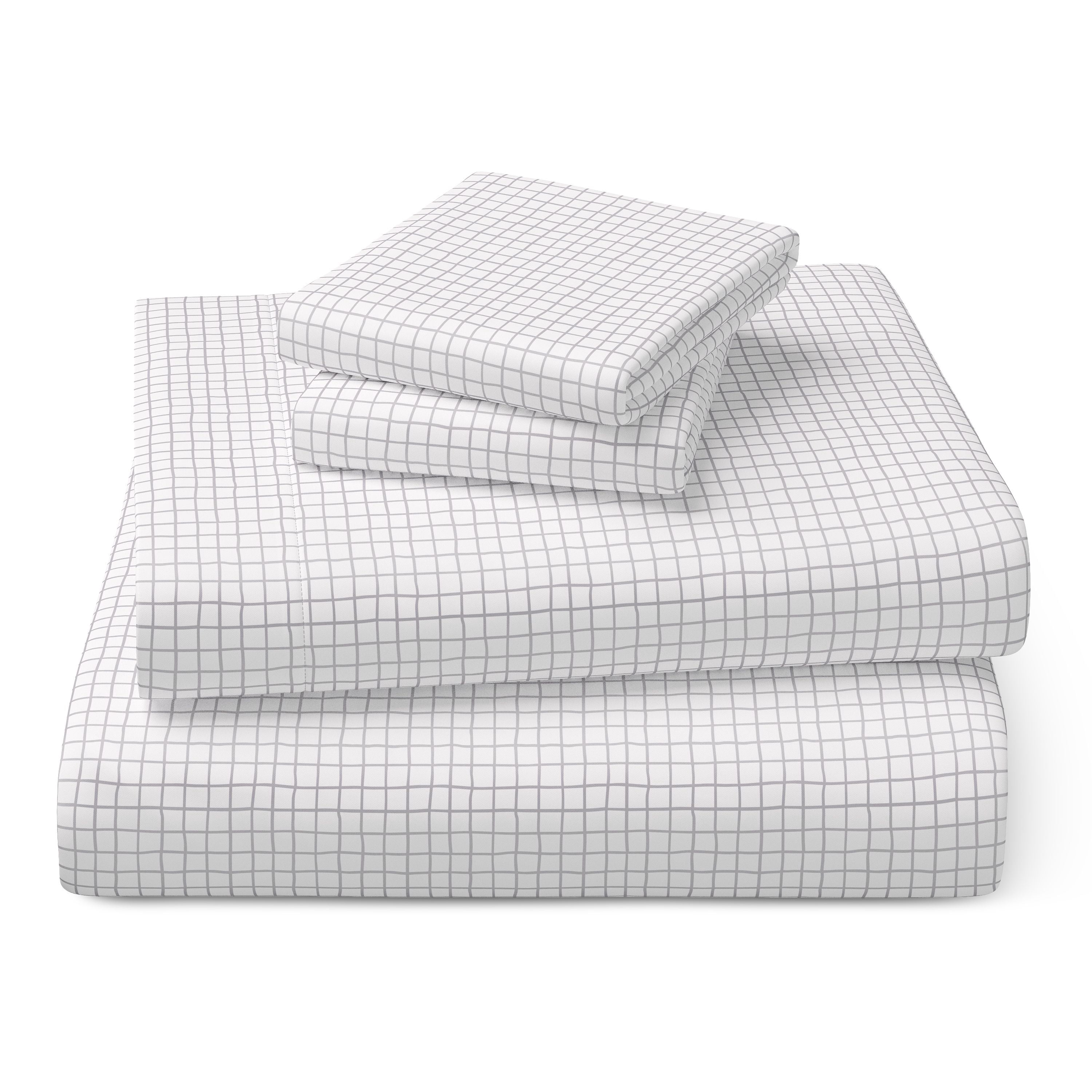 Mainstays Kids Microfiber Bed Sheet Set, Queen, White Grid, 4 Pieces
