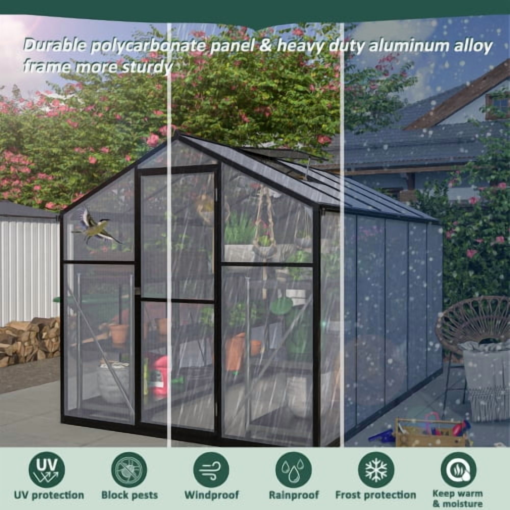 Thanaddo 6'x8' Polycarbonate Walk-in Greenhouse, Heavy Duty Aluminum Frame with Roof Vent, UV-Resistant for Outdoor Garden, Black