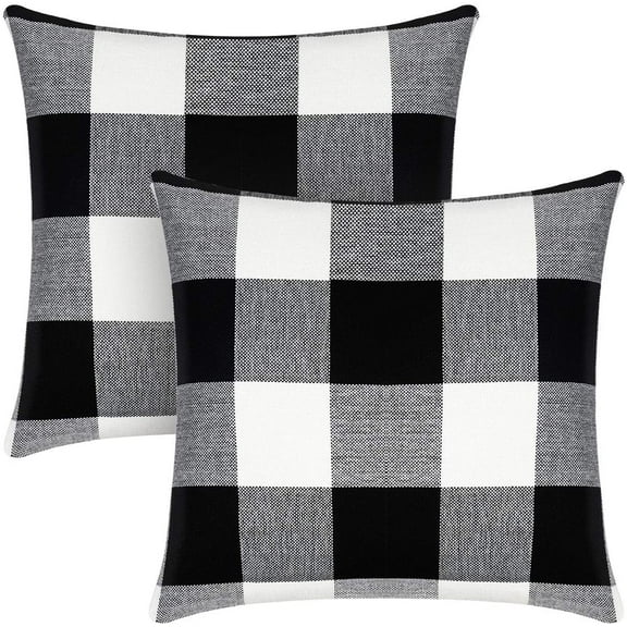 Heldig Set of 2 Check Throw Pillow Covers Farmhouse Outdoor Plaid Square Pillow Cushion Case Black and White Cotton Linen for Home Easter Decor Car Bed Sofa, 18 x 18 inchesB