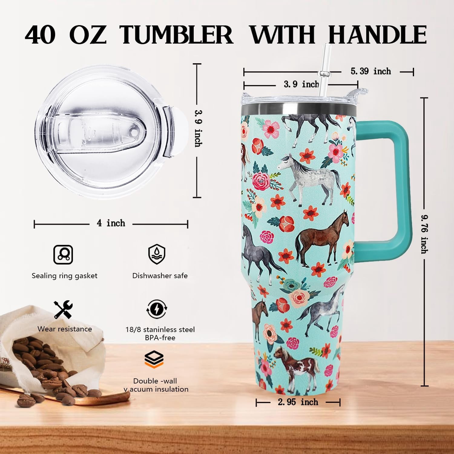 40oz Horse Tumbler with Handle - Insulated Travel Mug, Water Bottle with Equestrian Design - Gift for Women