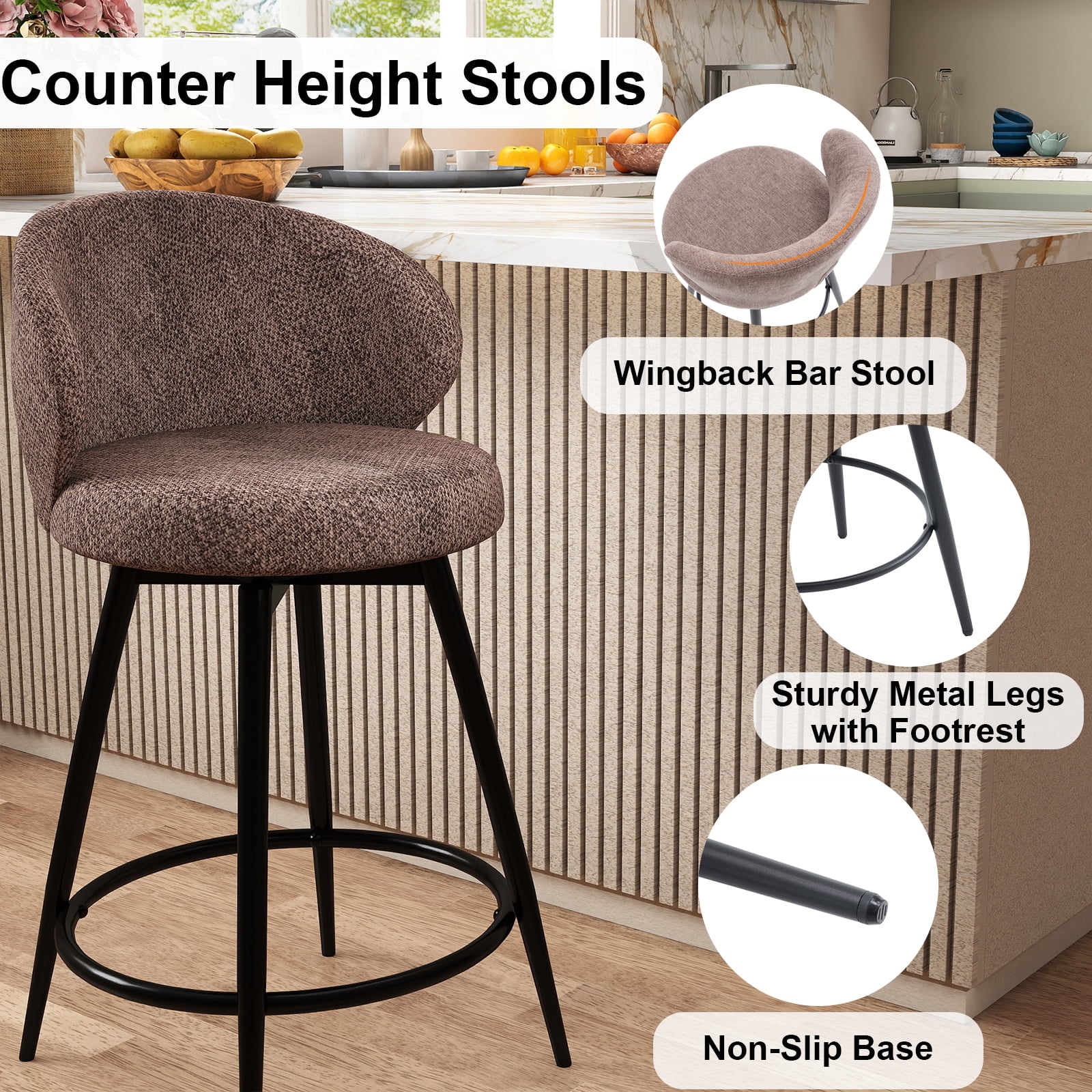 Rongbuk 360° Swivel Modern Bar Stool Set of 2, 26" Upholstered Counter Height Bar Stools with Wingback, Soft Linen Fabric, Counter Chairs with Arm for Kitchen Island or Home Bar, Brown