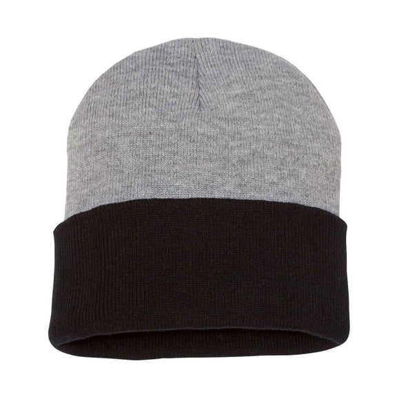 Sportsman Blocked Cuffed Beanie 100% Acrylic, Warm Knit Winter Colorblock Hat (Heather-Black)