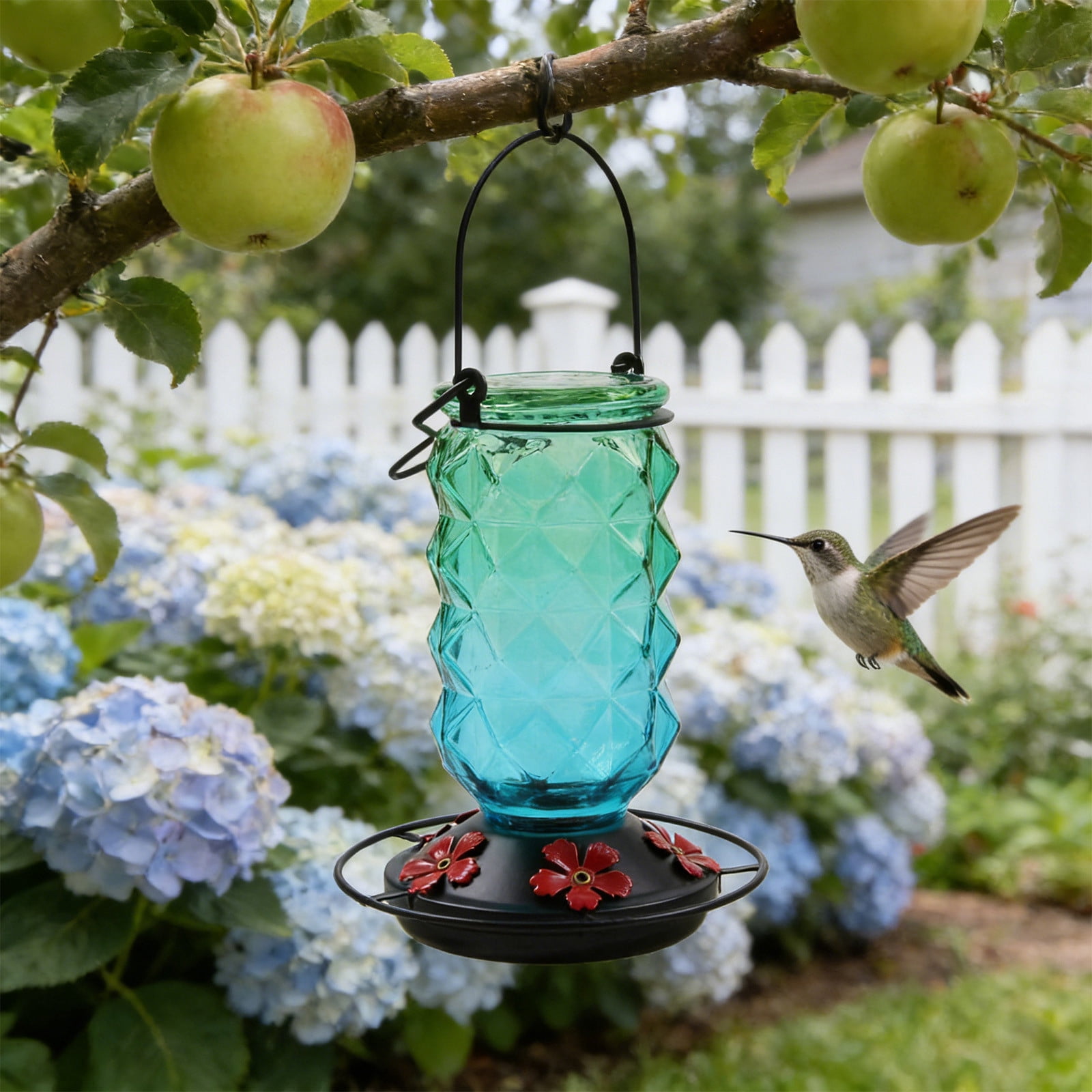 BZPIZ Hummingbird Feeders for Outdoors, Hanging Glass Bowl Hummingbird Feeder with Flower Shaped Feeding Ports, Bird Baths for Hummingbirds, Garden Patio Backyard Lawn Decor Green