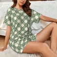 thumbnail image 4 of Gukieu Daisy Plaid Green Print Women's Short-sleeved Pajama Set, Round Neck Button Top Elastic Shorts 2-piece Set, Summer Home Leisure Clothing-XX-Large, 4 of 6