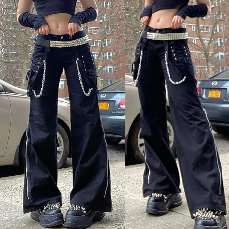 GENEMA Women Gothic Wide Leg Cargo Pants with Chain Side GENEMA Women Gothic Wide Leg Cargo Pants with Chain Side