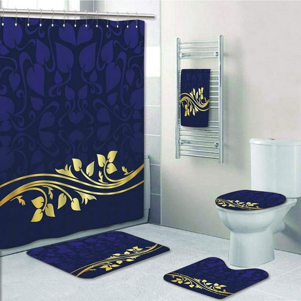 Prtau Romantic Royal Leaf With Golden, Royal Blue Bathroom Rug Set