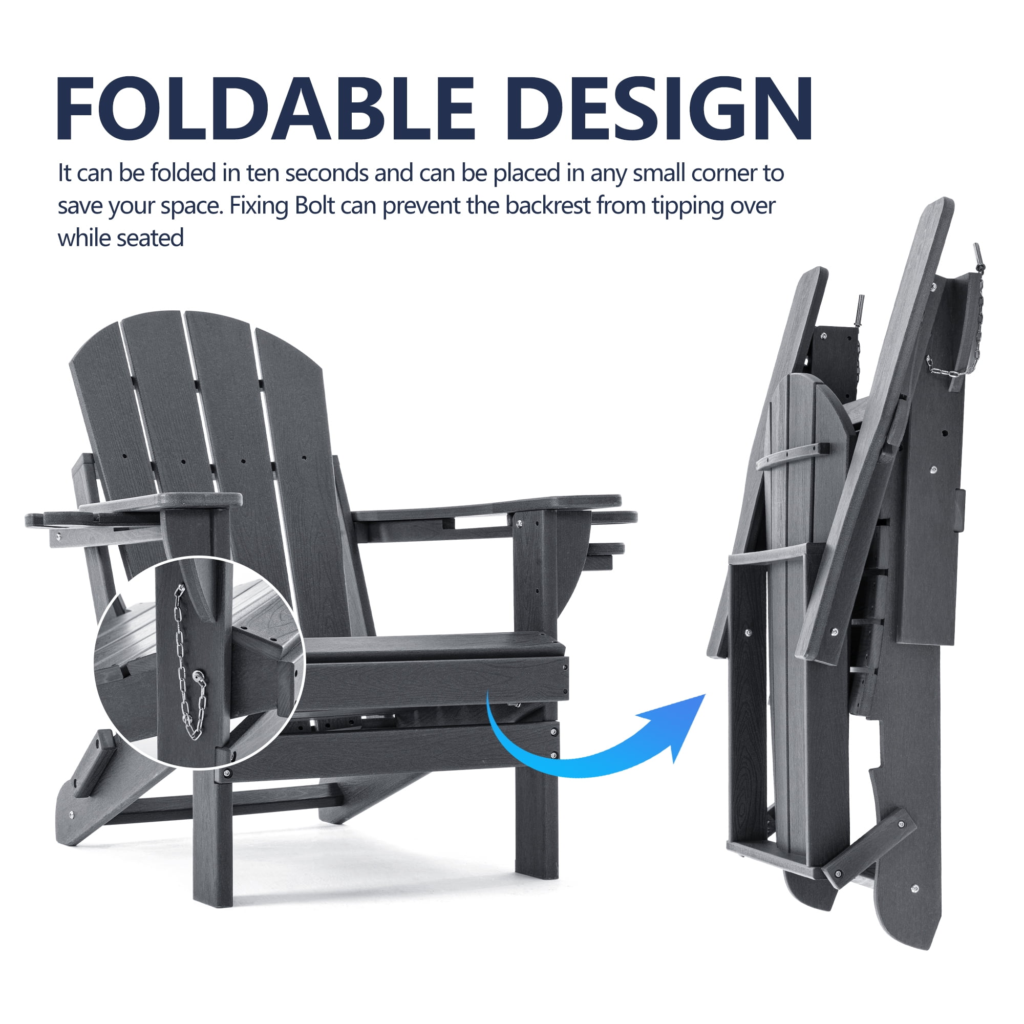 ENYLAY Folding Adirondack Chair with Dual Cup Holders & Phone Holder, All-Weather HDPE Fire Pit Chairs for Outdoor, Patio, Poolside, Garden(Grey)