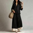 thumbnail image 4 of Women Two Piece Set 3/4 Sleeve V Neck Tops and High Waist Wide Leg Pants with Contrast Hem Summer Cotton Linen Outfits, XL, 4 of 5