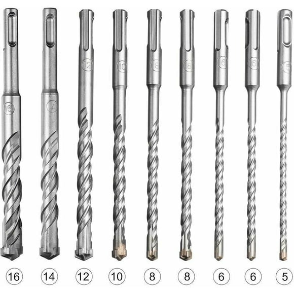 9-Piece SDS-Plus Drill Bit Set for Electric Hammer Drill - Compatible with Bosch, Makita, DeWalt - For Concrete, Brick, Stone, Ceramic Tiles
