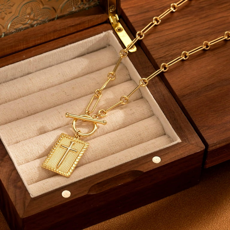 HETICA Chunky Cross Necklace Gold Silver Paperclip Chain Rectangle