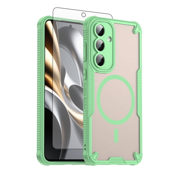 Asuwish Compatible with Samsung Galaxy S25 FE 5G Phone Case Tempered Glass Screen Protector Slim Magnetic Translucent Matte Back Shockproof Hybrid Protective Cover for S 25 EF S25FE Women Men Green