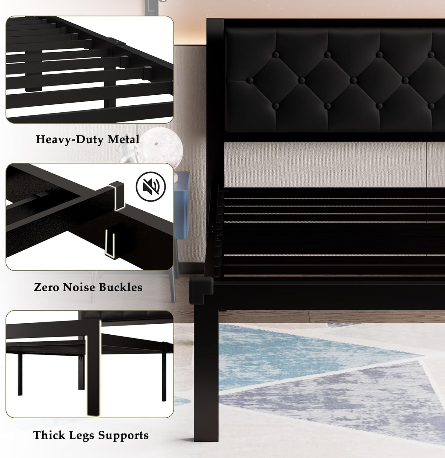 Honfach Twin Size Metal Platform Bed Frame with Faux Leather Upholstered Button Tufted Headboard, Black