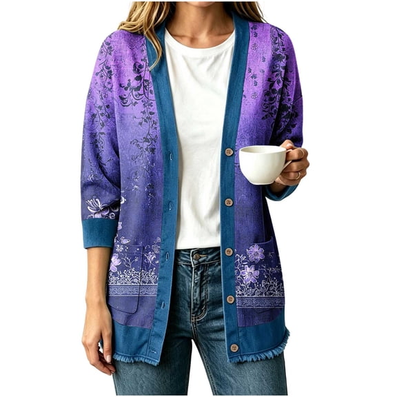 Floral Denim Cardigans for Women Lightweight Patchwork Jacket Button Pocket Open Front Long Sleeve Casual Outwear Coat