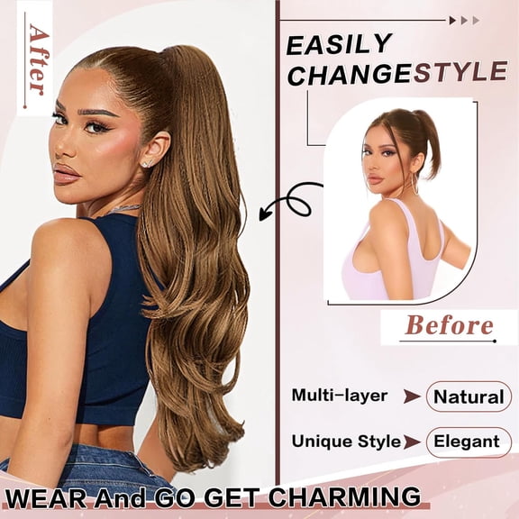 WEIF-Ponytail Extension, Drawstring Ponytail Extension for Women 26 Inch Long Wavy Brown Pony Tails Hair Extensions Synthetic Clip in Ponytail Hairpiece for Women 8/27