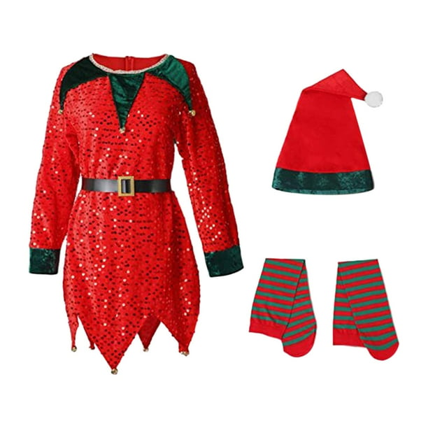 Disfraz de elfo para niña, disfraz navideño, vestido, sombrero y medias. 110 a 120cm