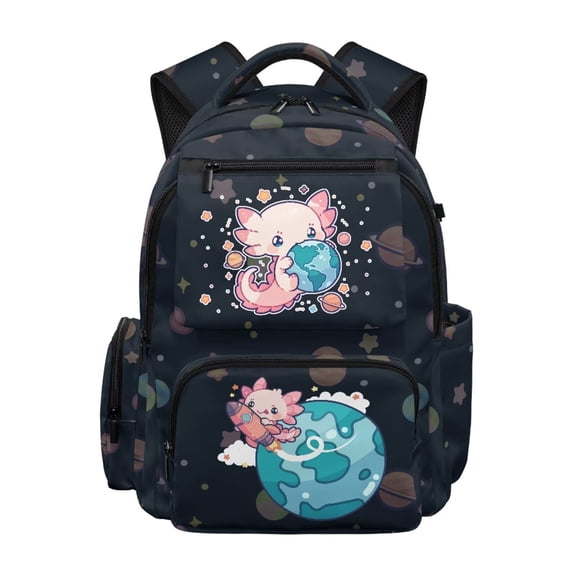 Aplkyhs Backpack for Girls Boys Age 6-18 Adorable School Bag Lightweight Water Resistant Multi-pocket Bookbag for Travel & Daily Use Cute Axolotl Space Planet