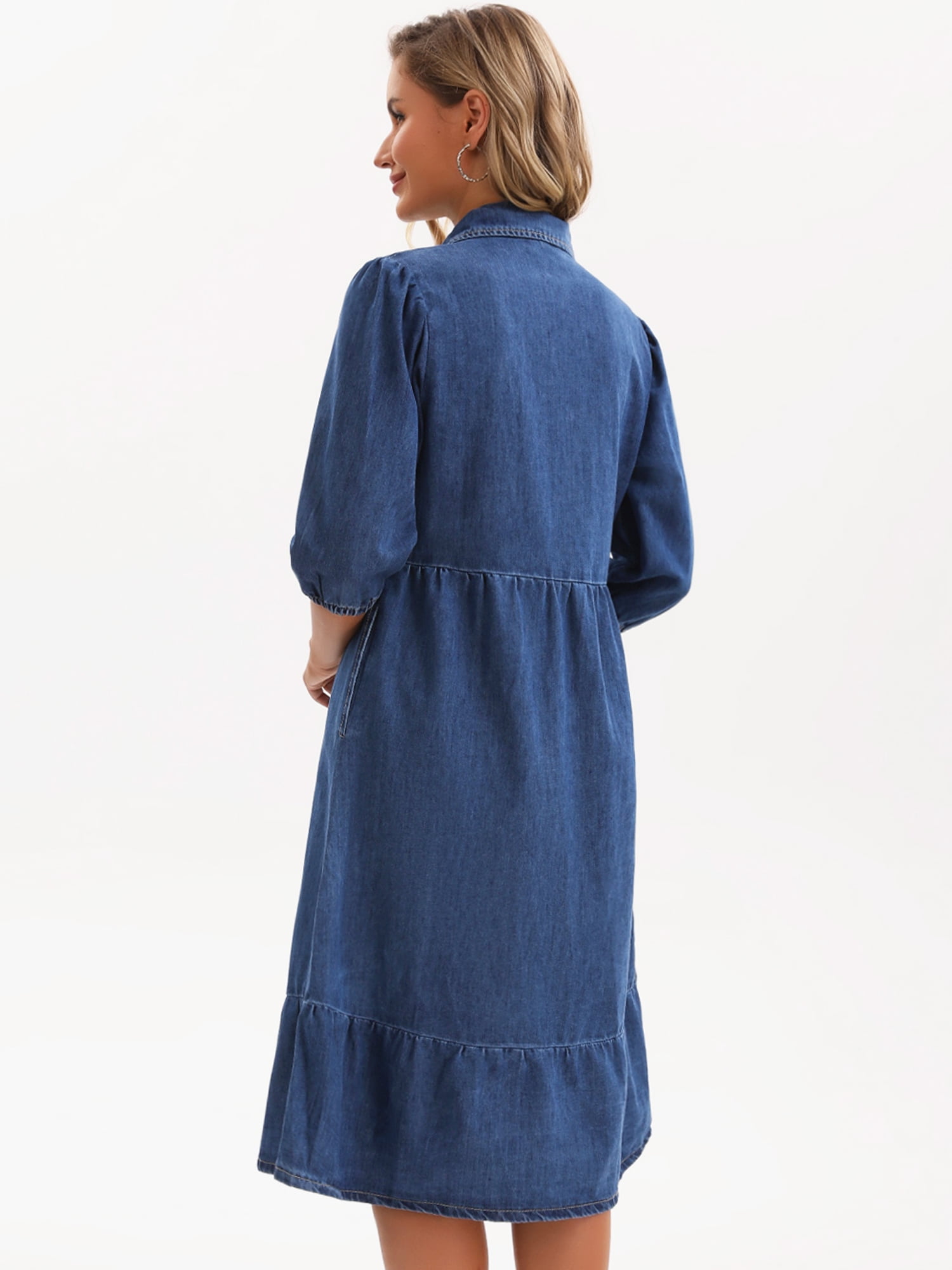 DARING DIVA Women's 3/4 Sleeve Button Down Collar Swing Tiered Dress 2XL Dark Blue