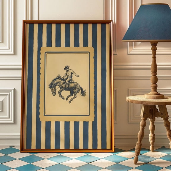 Vintage Western Cowboy, Rustic Rodeo Wall Art With Stripes, Bronco Rider For Farmhouse Or Man Cave Decor, Cowboy Idea Home Decor #2186, Unframed Poster Size 8x12