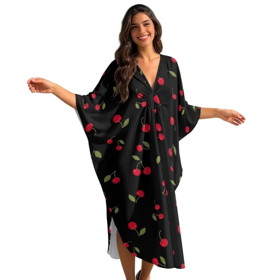 Xixirimido Cherry Black Print Women's Kaftan Dresses Plus Size Beach Cover Up V-Neck Batwing Sleeve Swimsuit Coverup Summer Caftan Dress