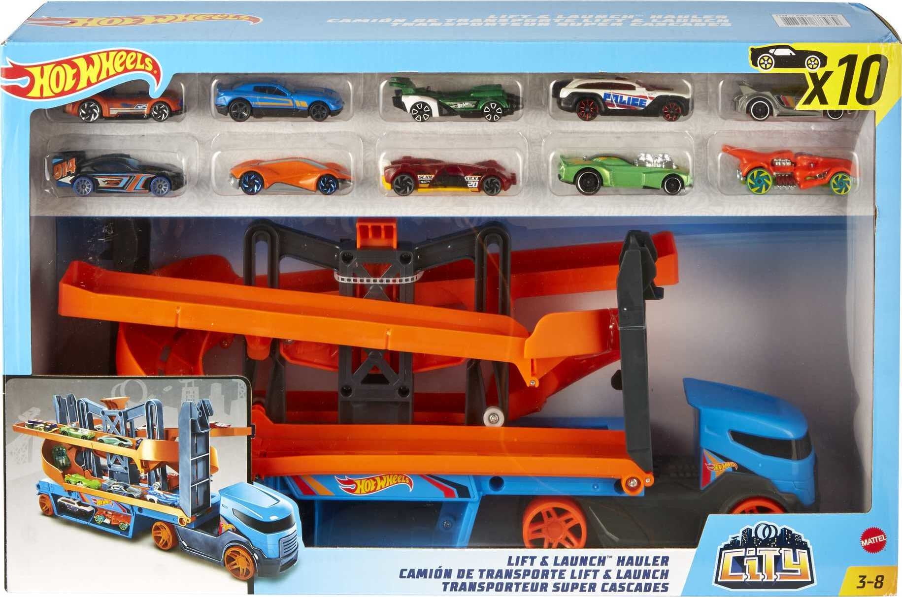 Hot Wheels Lift & Hauler Toy Truck with 10 Cars 1:64 Scale, Transporter Stores 20 Vehicles - Walmart.com