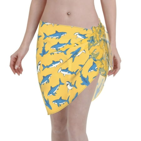 Qekee Shark Print Women s Short Sarongs Cover Ups Sheer Bikini Wraps for Swimwear