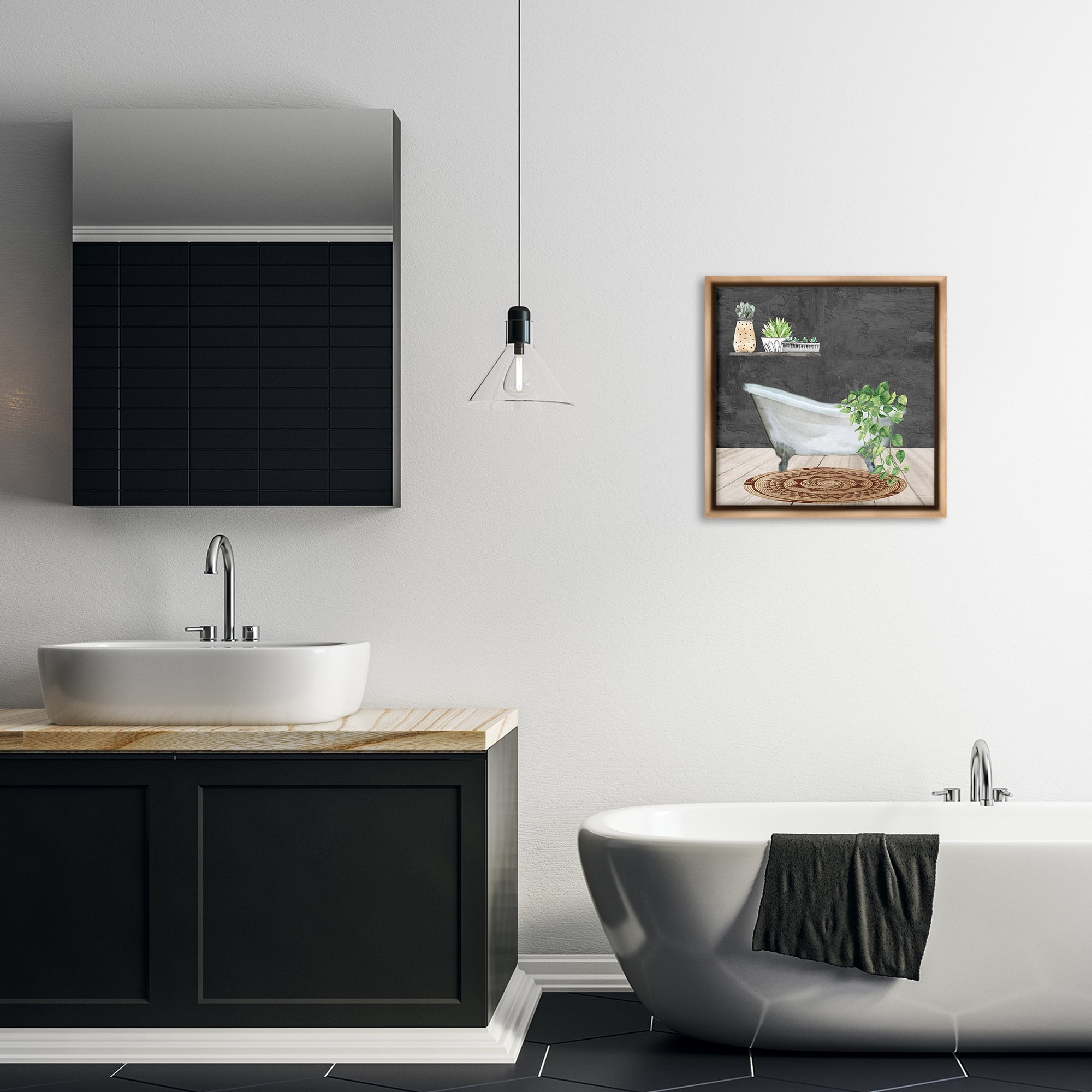 Stupell Industries Botanical Bathtub Scene Bath & Laundry Painting Brown Floater Framed Canvas Art Print Wall Art, 18 x 18