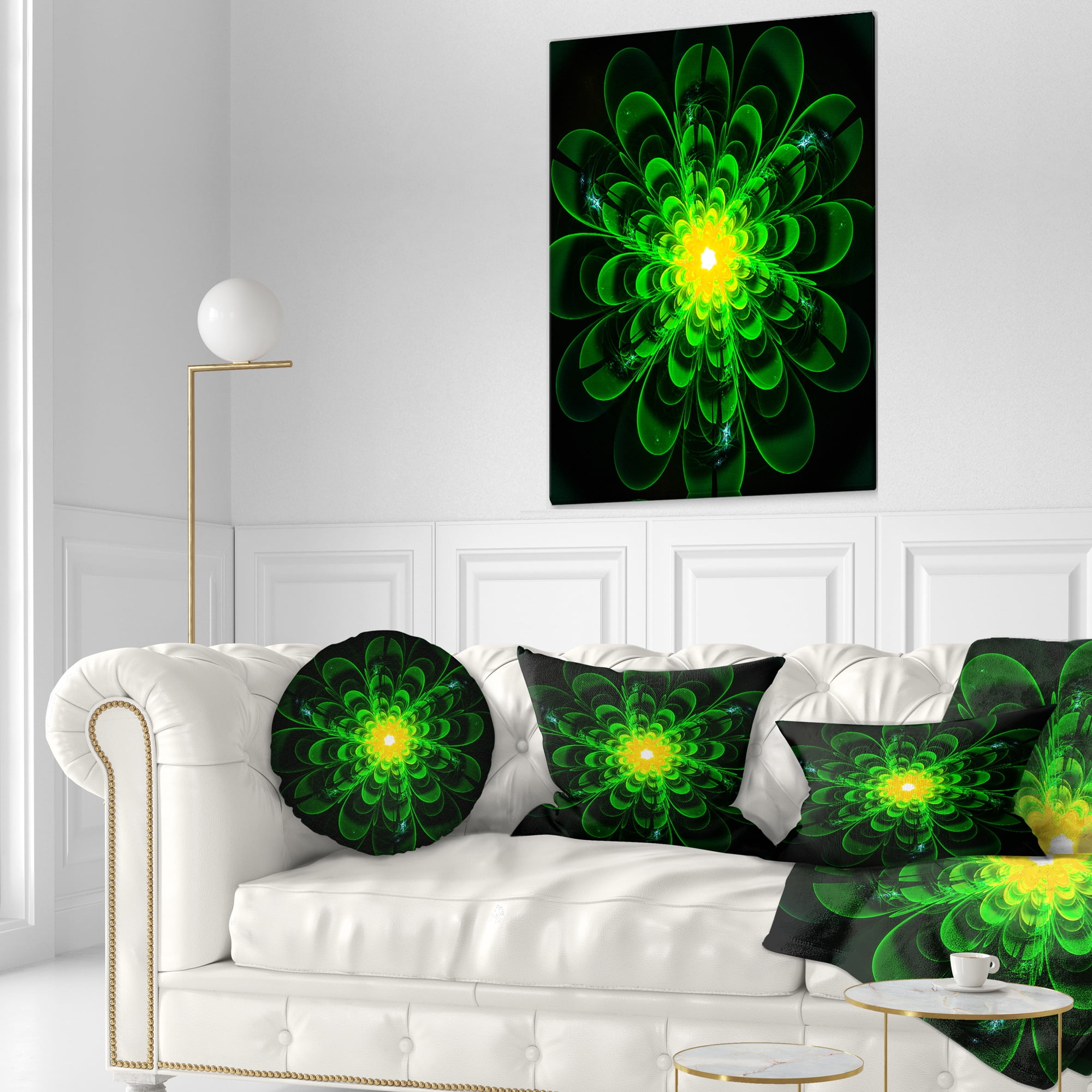 Designart Glowing Green Fractal Flower on Black - Floral Throw Pillow - 12x20