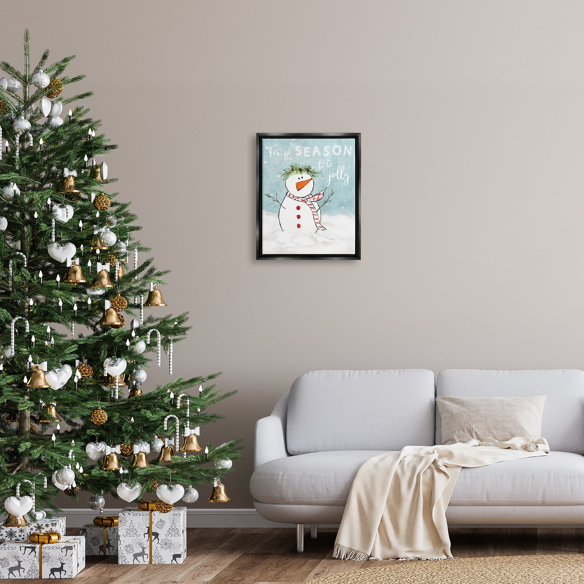 Stupell Industries Tis the Season Snowman Holiday Painting Black Floater Framed Canvas Art Print Wall Art, 17 x 21