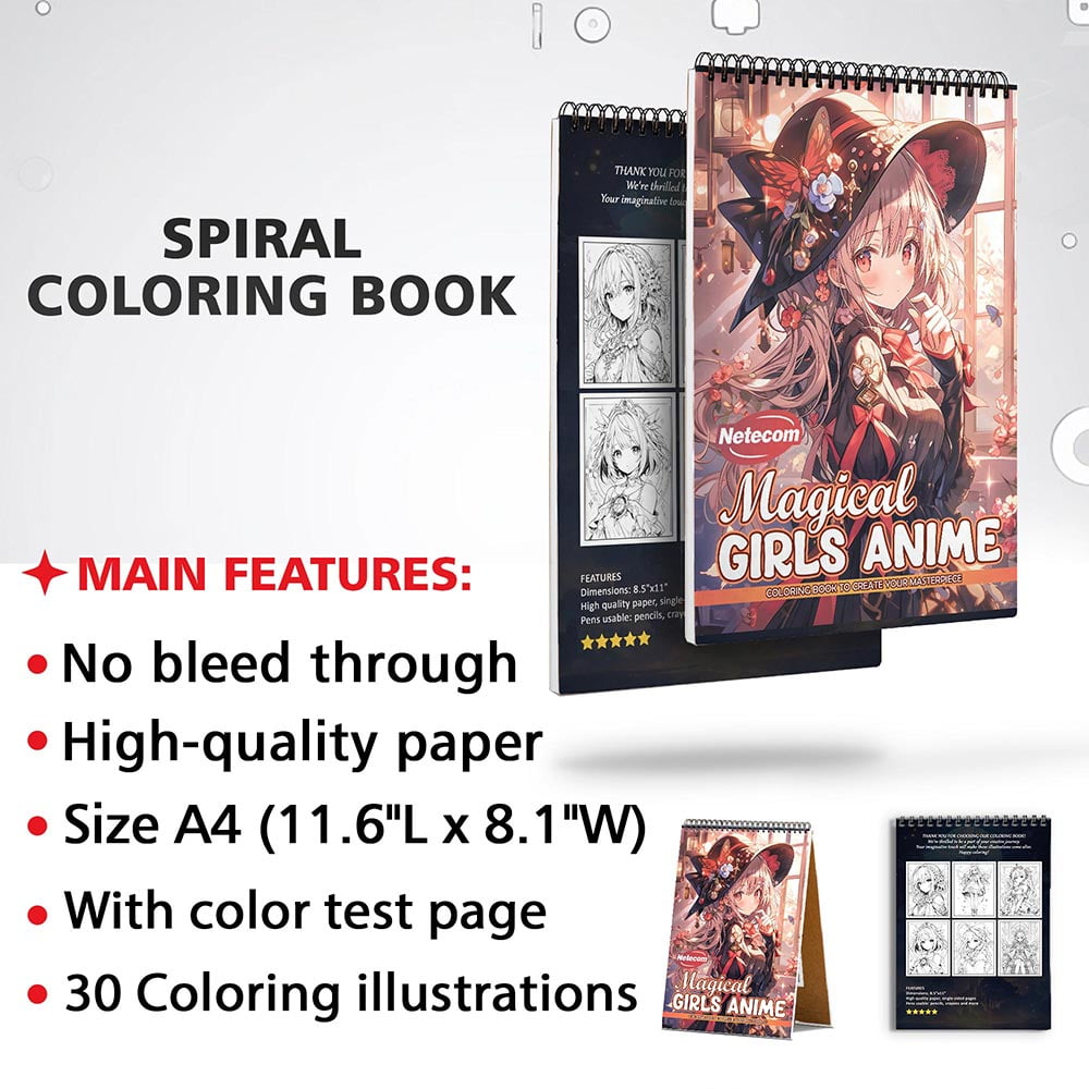 Netecom Magical Girls Anime Coloring Book for Adults, Spiral Bound, Soft Cover