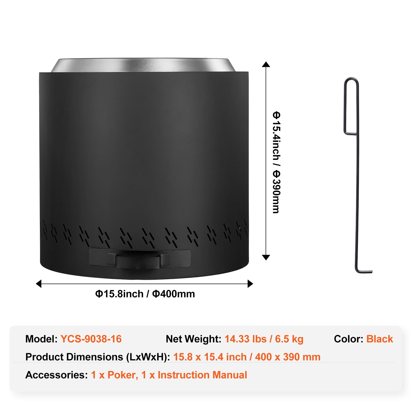 SKYSHALO Smoke-Free Fire Pit, H: 15.4 in x Dia: 15.7 in, Wood-Fueled Fireplace with Detachable Ash Tray, SUS430 Stainless Inner, Portable for Outdoor Patio and Camping