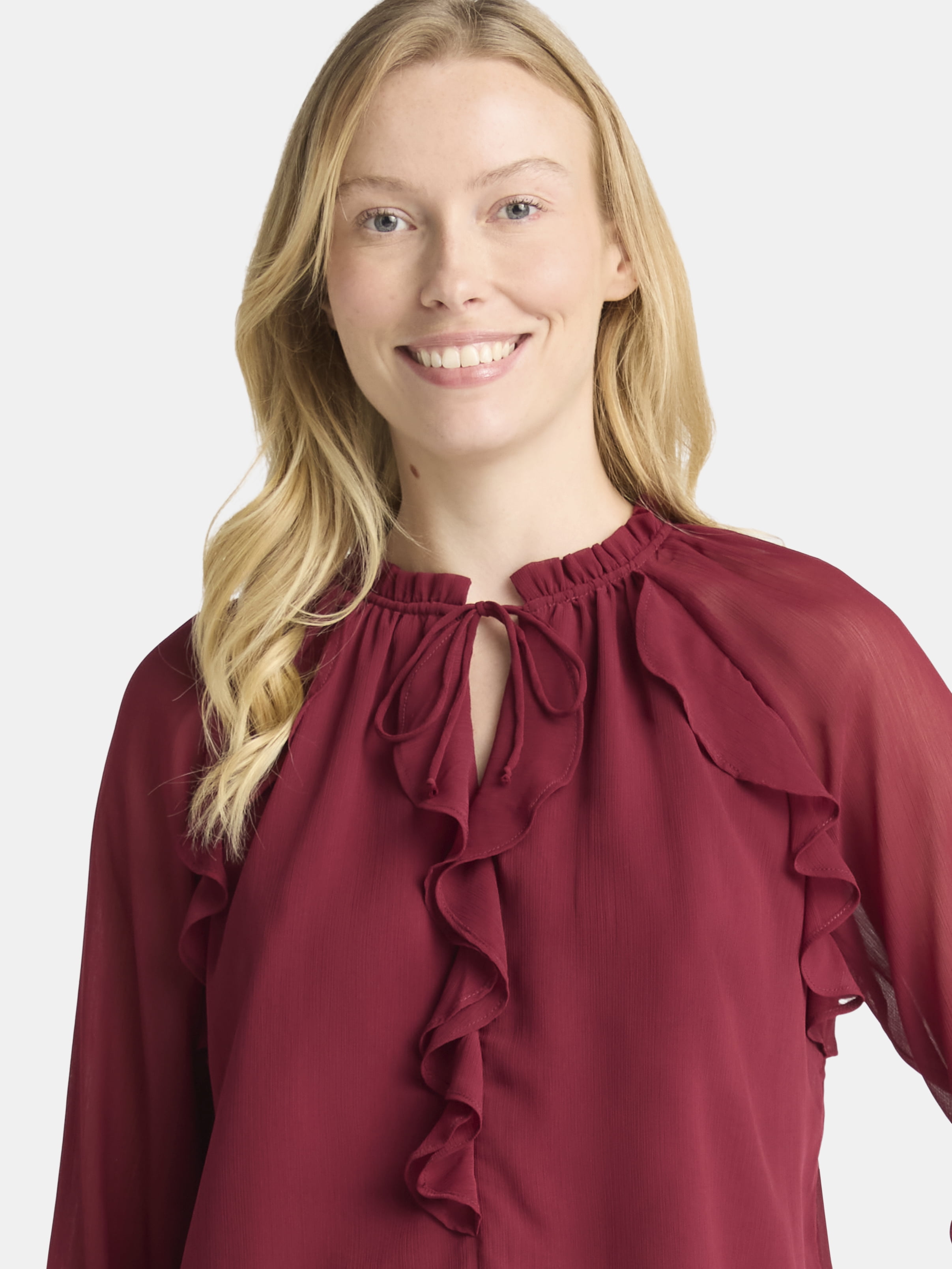 Time and Tru Women's Ruffle Blouse with Long Sleeves, Sizes XS-XXXL