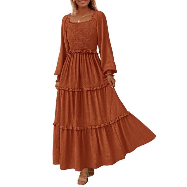 Vestido PRETTYGARDEN de Manga Larga con Fruncido y Escote Cuadrado Marrón Talla M