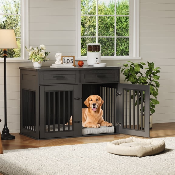 44.5" Large Wooden Dog Crate Furniture End Table, Heavy Duty Indoor Kennel with Sliding Barn Door & 2 Storage Drawers – Rust-Proof Metal Frame, Chew-Proof Design for Medium/Large Dogs