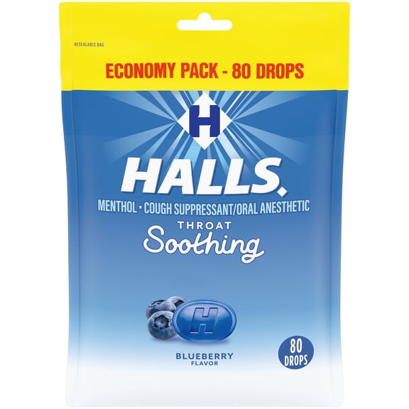 HALLS Throat Soothing Blueberry Cough Drops, Economy Pack, 80 Drops