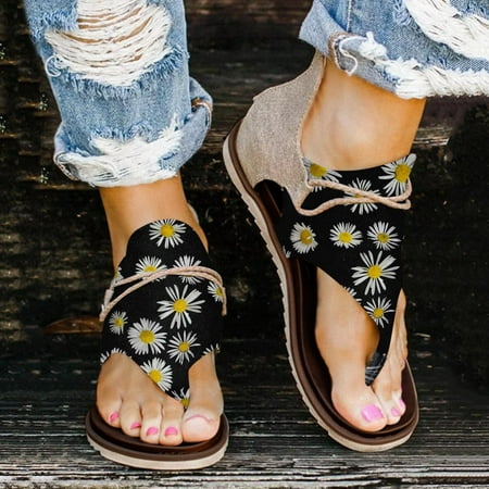 

Kenmeko Summer Shose 2022 Ladies Fashion Canvas Daisy Sunflower Print Flat Zipper Casual Sandals J4