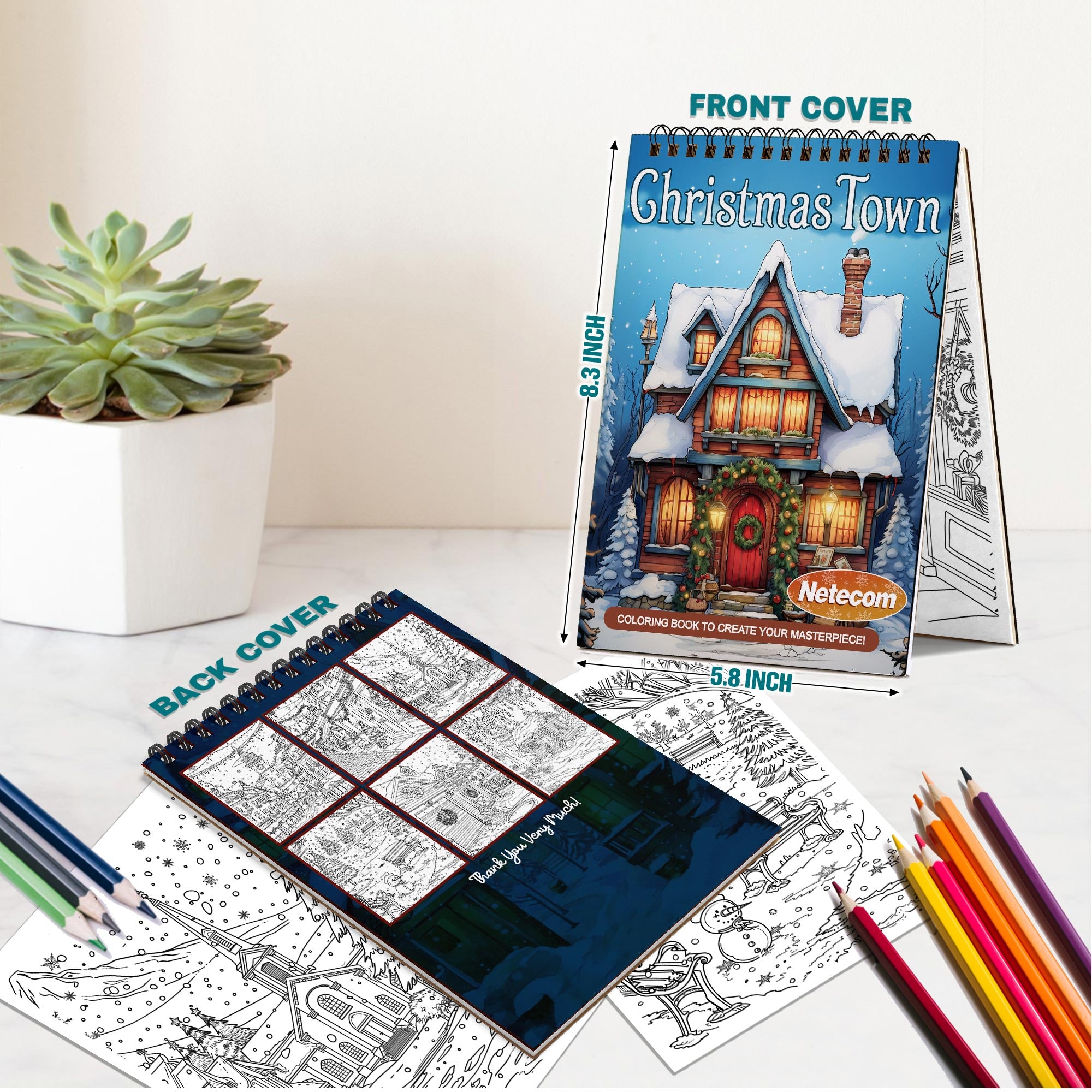 Netecom Christmas Town Coloring Book Spiral Bound For Adults, A5 Wooden Cover, 30 Beautiful Coloring Pages of Christmas Towns for Stress Relief and Relaxation