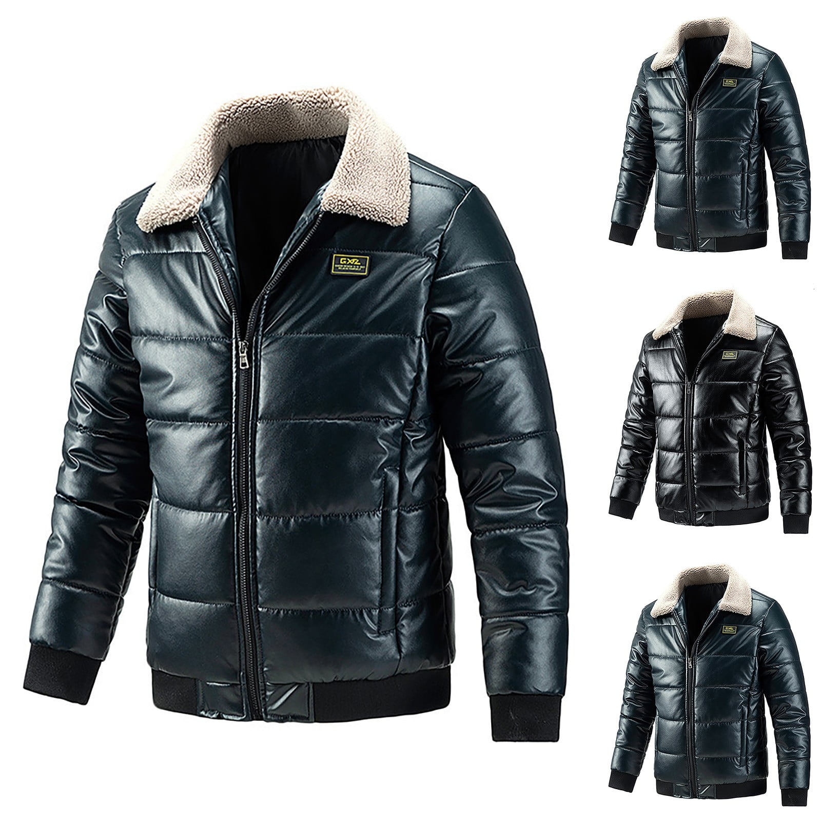 guisaled Winter Jackets for Men 2025 Sherpa Fleece Lined Faxu Leather Jackets Zip Up Lapel Cargo Military Thick Warm Coats