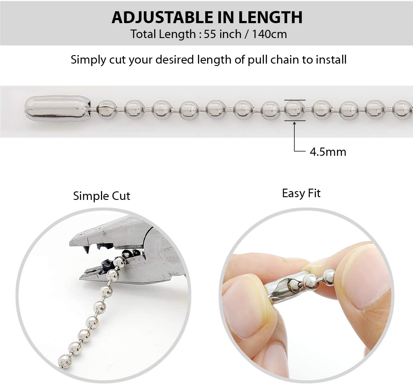 Stainless Steel Shower Curtain Hooks, 55 Inch Ball Chain Design, 12 Pack Rust-Resistant Metal Curtain Rings for Bathroom Rods, Heavy Duty 4.5mm Shower Curtain Hangers