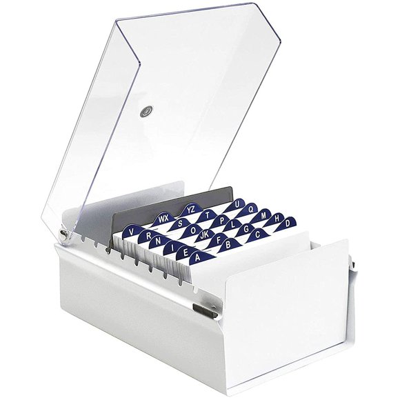 Acrimet Organiseur de Fichiers 4 x 6 Base en Métal Robuste (Cartes d'Index AZ et Séparateur Inclus) (Couleur Blanche avec Couvercle en Plastique Cristal Clair)