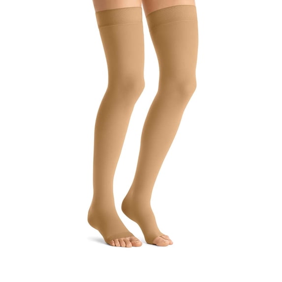 JOBST Opaque Compression Stockings, 15-20 mmHg, Thigh High, Silicone Dot Band, Open Toe, Honey, Small