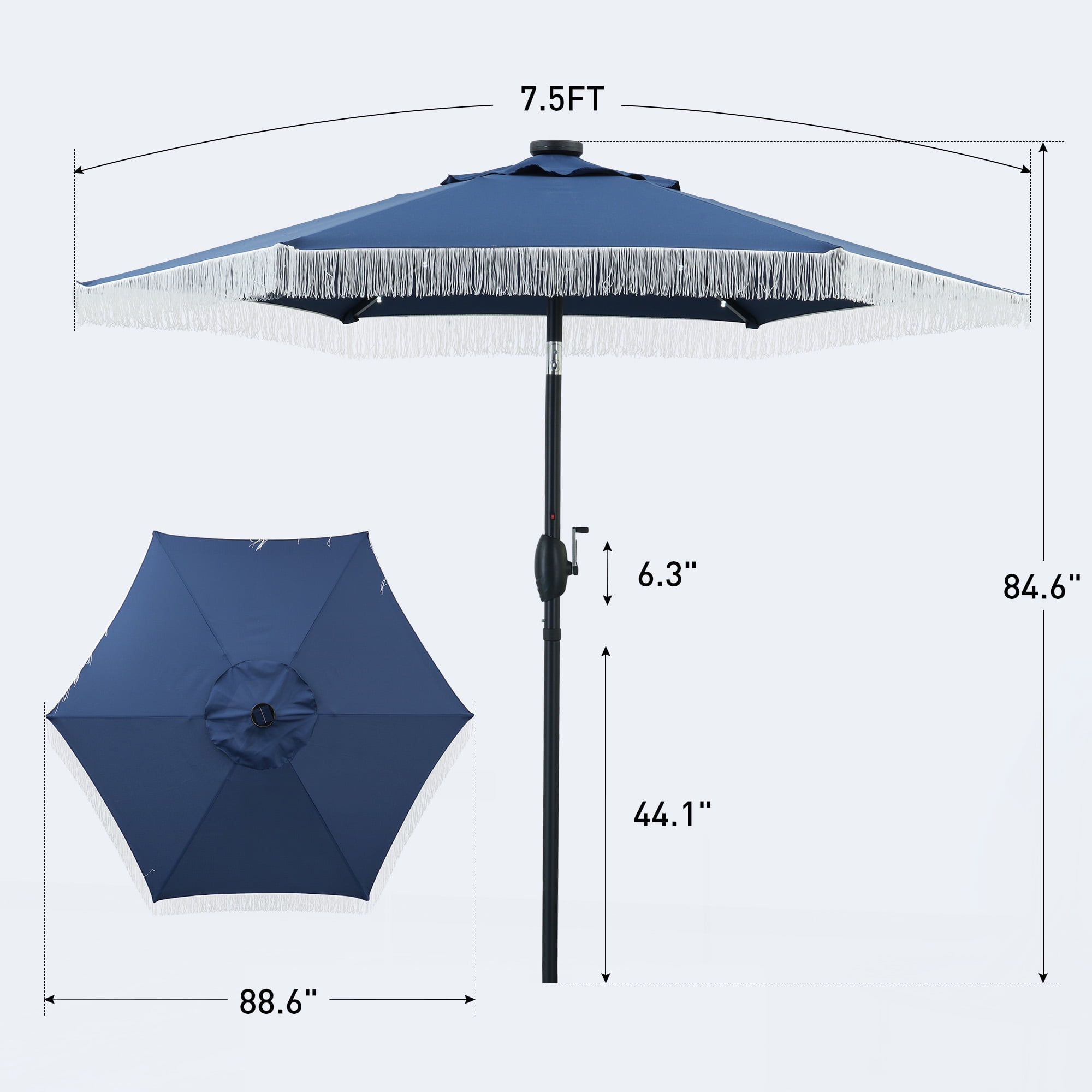 Autlaycil 7.5 ft Navy Blue Tassel Patio Umbrella with Base, 18 LED Lights Solar, and Push Button Tilt and Crank