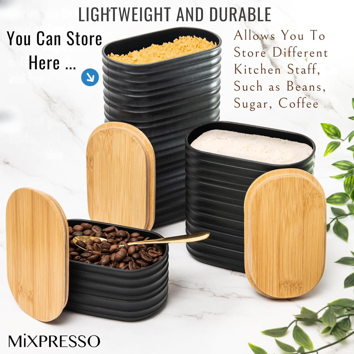 Mixpresso 3 Piece Black Canisters Sets For The Kitchen, Airtight Plastic Canister With Bamboo Lid, Coffee And Sugar Canister Set, Decorative Sugar Container, Kitchen Decor For Counter