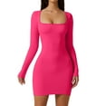 thumbnail image 3 of Women Bodycon Dress, Long Sleeve Square Neck Solid Color Slim Fit Fall Mini Dress Clubwear, 3 of 7