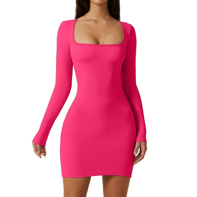xiaxaixu Robe Moulante pour Femme, Manches Longues, Encolure Carrée, Unie, Coupe Ajustée, Robe Courte d'Automne, Tenue de Boîte de Nuit