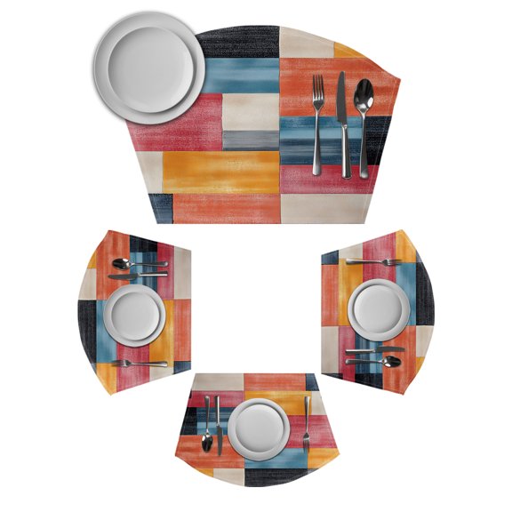 Colorful Abstract Geo Round Table Placemats Set of 4 Wedge Placemats, Vintage Color Block Place Mats for Dining Table Set Washable Mats Kitchen Decor for Indoor Outdoor Wipe Clean