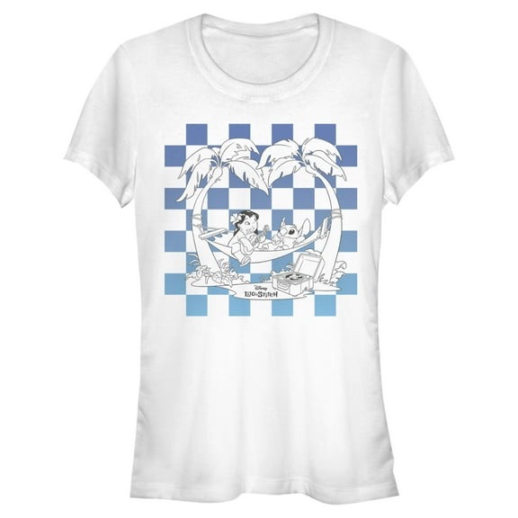 Juniors Lilo & Stitch Blue Checkered Palm Trees T Shirt